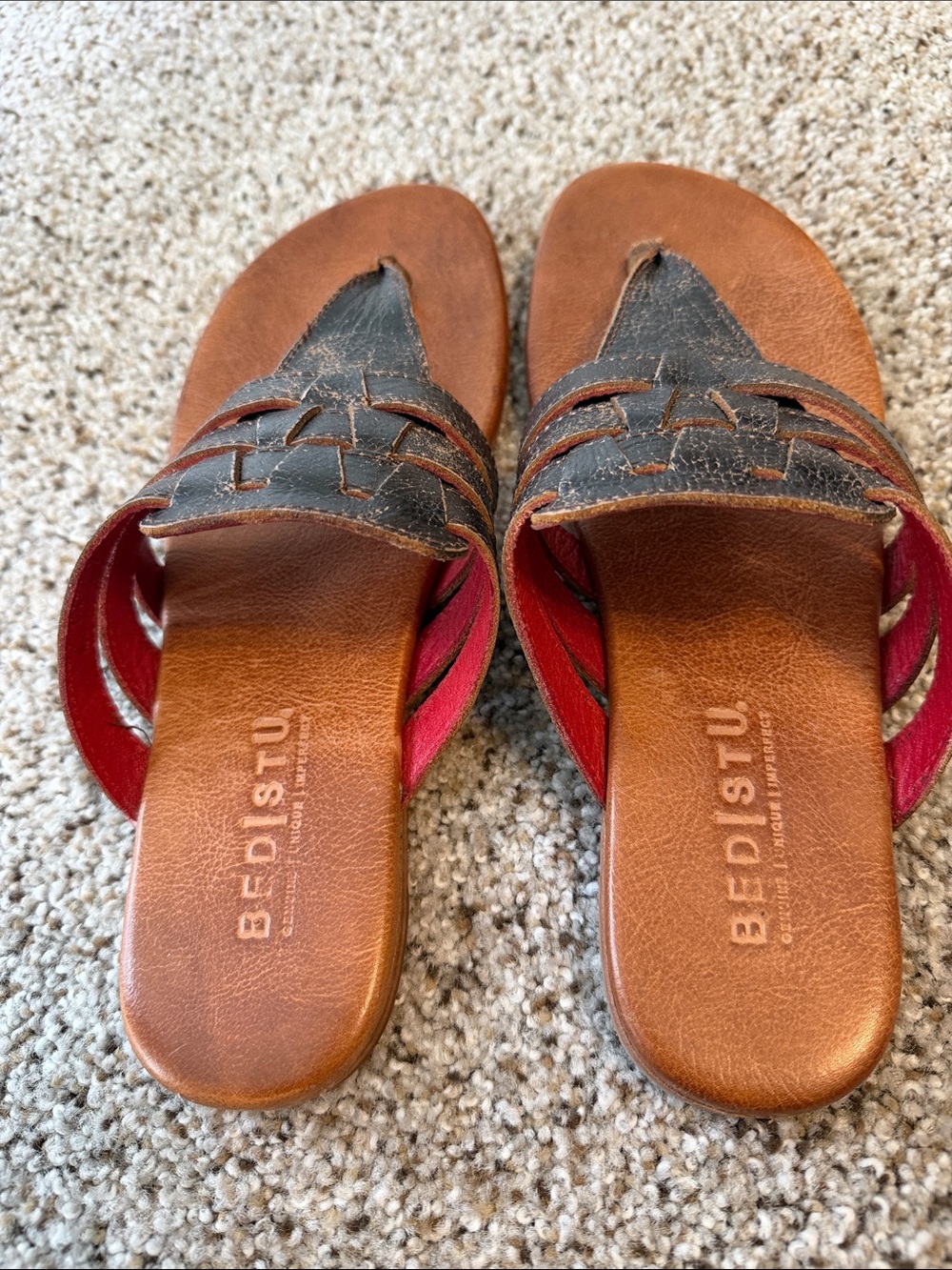 BED STU Women's Black and Brown Leather Woven Thong Sandals, Size 7, Like New - Picture 3 of 5